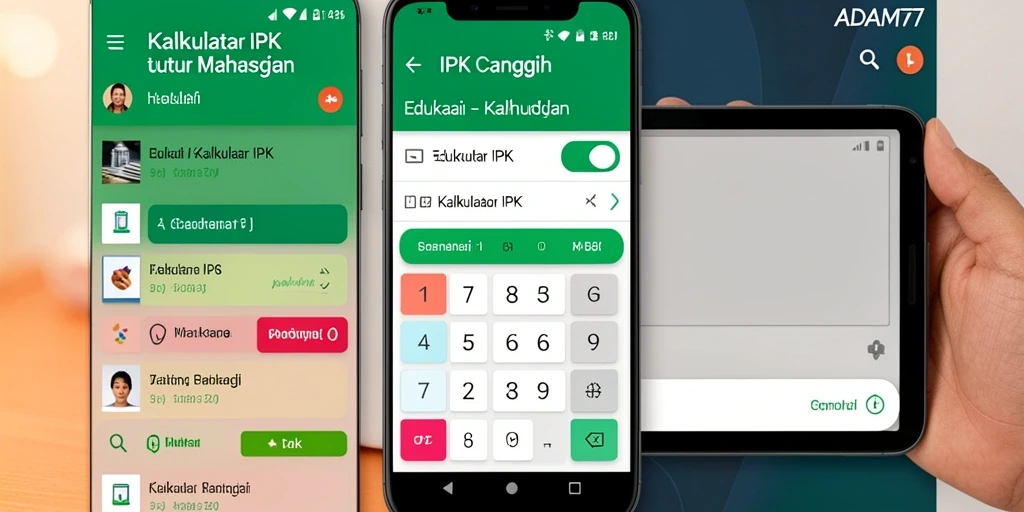 Antarmuka aplikasi ADAM77 dengan fungsi Kalkulator IPK yang intuitif.