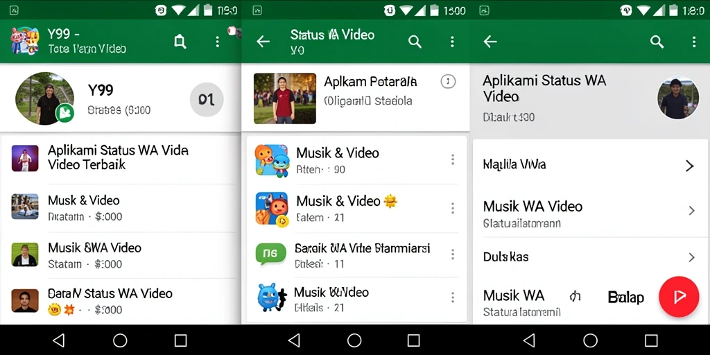 Tampilan antarmuka aplikasi Y89 dengan berbagai pilihan video status.